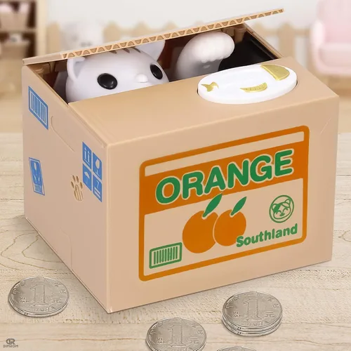 Vista 6 de Novedoso banco de monedas para adultos, caja de ahorro de dinero para gatos blancos, decoración de escritorio de oficina en casa, marrón, naranja