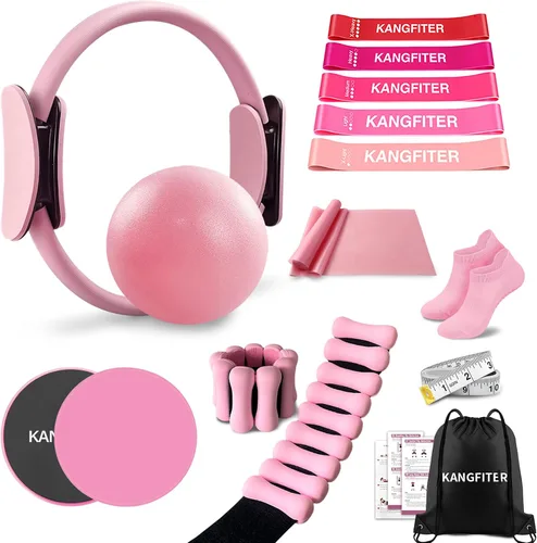 Vista 10 de KANGFITER Pilates Kit with Ankle Weight, Pilates Ring Ball, Resistance Band 11 piezas rosa