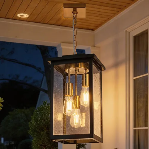 Vista 19 de TODOLUZ Lámpara colgante grande de 3 luces para exteriores, iluminación de porche colgante exterior con vidrio martillado, cadena larga ajustable