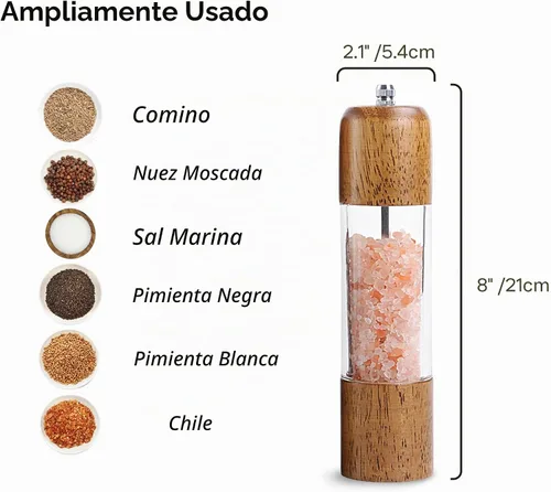 Vista 4 de Molinillo de sal y pimienta de madera, molinillo de sal y pimienta, cocteleras de madera de roble con molinillos de cerámica ajustables, 8 pulgadas