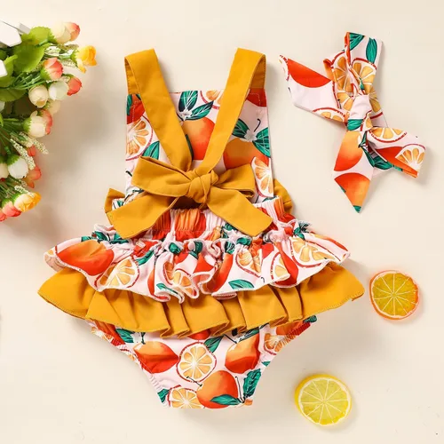 Vista 3 de GRNSHTS Mameluco con volantes para bebés y niñas pequeñas, sin mangas, cuello halter, ropa de verano con diadema