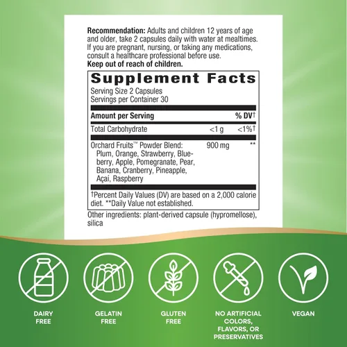 Vista 4 de Nature's Way Frutas de huerto, mezcla de polvo de frutas, contiene 12 frutas diferentes, 900 mg por porción de 2 cápsulas, 60 cápsulas