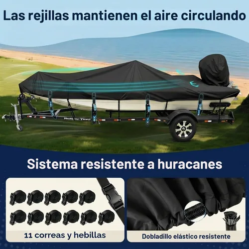 Vista 3 de Funda para Barco de 16-18 pies, Funda para Barco Bass 1200D, Fundas para Barco Resistentes e Impermeables con Funda para Motor y Kits de Drenaje