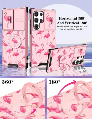 Vista 4 de Funda 2 en 1 para Samsung Galaxy S23 Ultra Flamingo para mujeres y niñas, diseño femenino de flamencos con cubierta deslizante para cámara y soporte