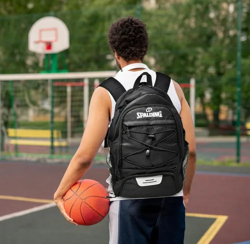 Vista 5 de Spalding Mochila deportiva de baloncesto Mochila grande negra con compartimento para zapatos y pelotas Regalos para jugadores de baloncesto