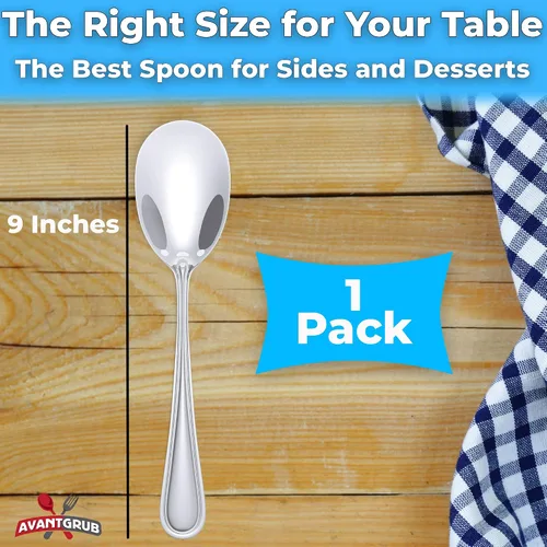 Vista 6 de Cuchara de servir resistente de 9 pulgadas de alta calidad. Cucharas elegantes de acero inoxidable para pasta y guarniciones. Cubertería para bufé