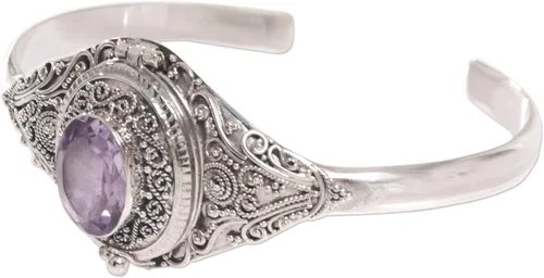 Vista 4 de NOVICA Pulsera hecha a mano con medallón de amatista, plata de ley 925, piedra natal morada de Indonesia, ojo vigilante, Plata de ley Cerámica, No