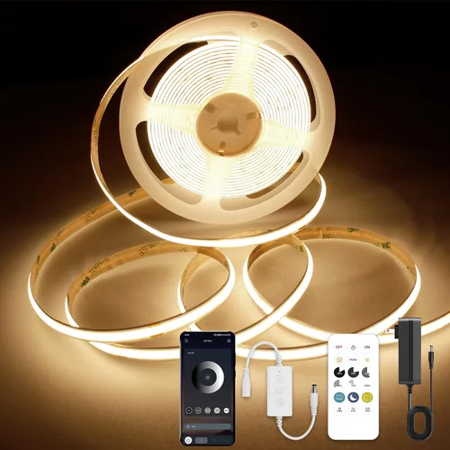 Vista 16 de AXMOTUT Tira de luces LED COB inteligentes de 9.84 pies, 24 V blanco cálido 2700 K, tiras de luz LED regulables, cinta de luz LED de alto brillo