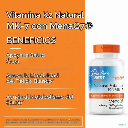 Vista 2 de Doctor's Best Vitamina natural K2 MK-7 con MenaQ7 blanco sin sabor, 60