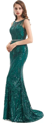 Vista 3 de Vestido de noche formal de sirena sin mangas con lentejuelas en V sin espalda para mujer