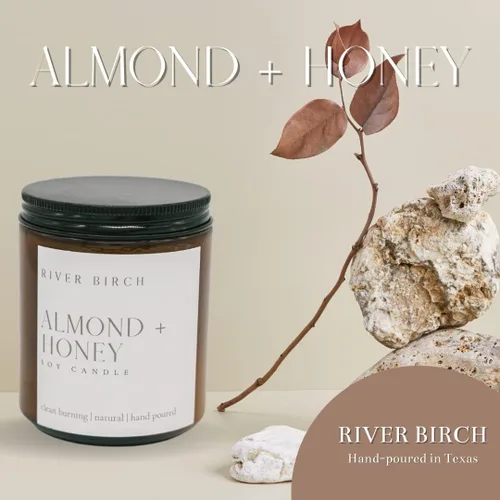 Vista 2 de River Birch Candles - Vela perfumada de almendra y miel Velas en tarro de ámbar de soja de primera calidad, totalmente naturales, no tóxicas, 8.5