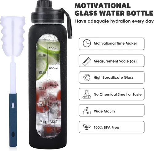 Vista 2 de Botellas de agua de vidrio de 32 onzas con funda de silicona, botellas de hidratación reutilizables de borosilicato de boca ancha, botella de agua