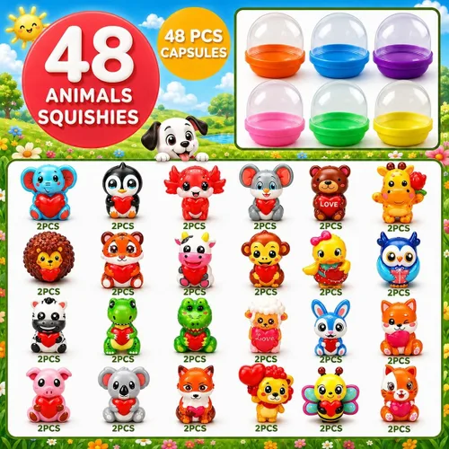 Vista 6 de 48 Pcs Animal Squishy Toys with Capsules Classroom Prizes Party Favors Kids