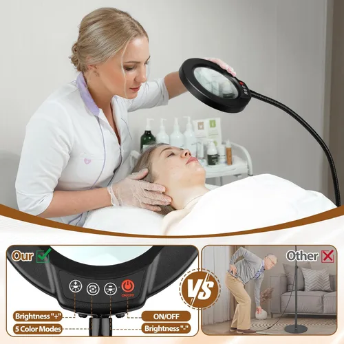 Vista 2 de Lupa 10X con luz y soporte, lámpara de pie flexible de cuello de cisne de 24 pulgadas, LED 3 en 1, 5 modos de color, lupa iluminada regulable sin
