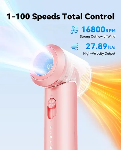 Vista 4 de MUXNW Ventilador portátil de mano: Mini ventilador turbo ajustable de velocidad (1-100), recargable de 1800 mAh, pantalla LED, para viajes, Rosa