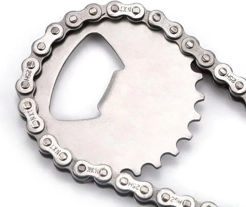 Vista 3 de Pokinge Abrebotellas con engranaje de cadena, abridor de cerveza de metal plateado, novedad para bicicleta, cadena de bebidas, abrebotellas