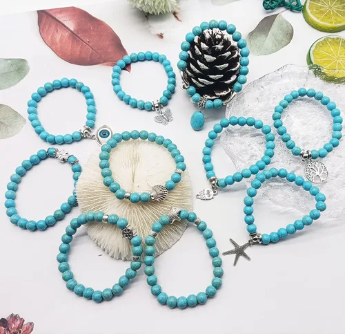 Vista 7 de CASDAN 10 pulseras de cuentas redondas de piedra turquesa de 0.315in para mujeres y hombres, pulseras de cuentas elásticas de cristal curativo