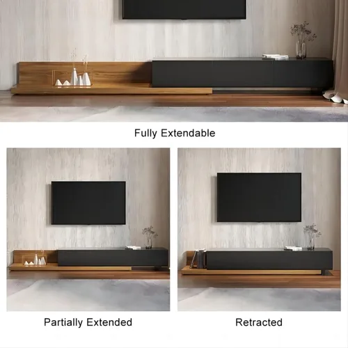 Vista 4 de homary Soporte extensible de madera para TV, centro de entretenimiento rectangular, consola multimedia con 3 cajones (negro y nogal)