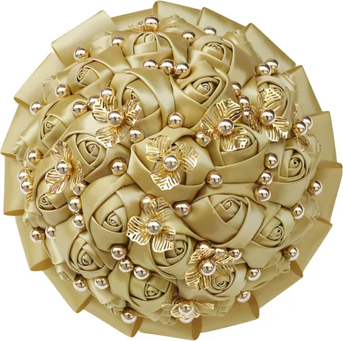 Vista 16 de Ramo de boda de 7 pulgadas, ramo de flores de satén para dama de honor, botón dorado, ramo de flores artificiales para bodas en interiores Negro