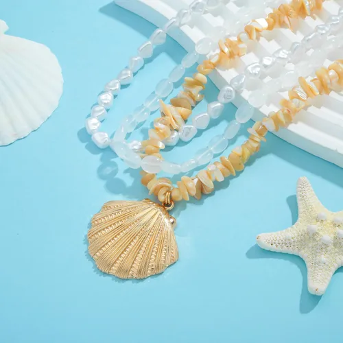 Vista 6 de Collar de concha dorada para mujer con arena de playa y cuentas de estrella de mar, gargantilla de cadenas de océano, collar de moda de verano