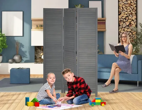 Vista 2 de Divisor de habitación de 3 paneles, pantalla de privacidad plegable de 67 pulgadas de alto con paneles de madera con rejillas, partición Gris