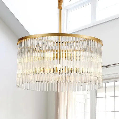 Vista 10 de 23.6" Lámparas de araña doradas modernas, candelabro de vidrio redondo de 2 niveles para comedor, 12 luces, lámparas colgantes para vestíbulo
