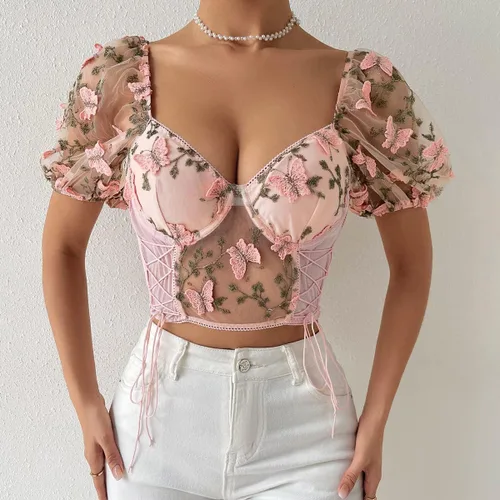 Vista 2 de Swbreety Camiseta de manga abombada bordada floral para mujer, ajustada, corsé corto, sexy, bustier