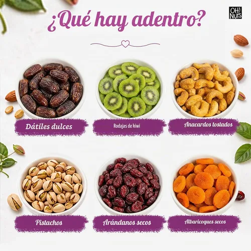 Vista 4 de Oh! Nuts Cesta de regalo de frutas secas y nueces en forma de corazón – 6 variedades dulces y saladas surtido de lata – pistachos, anacardos
