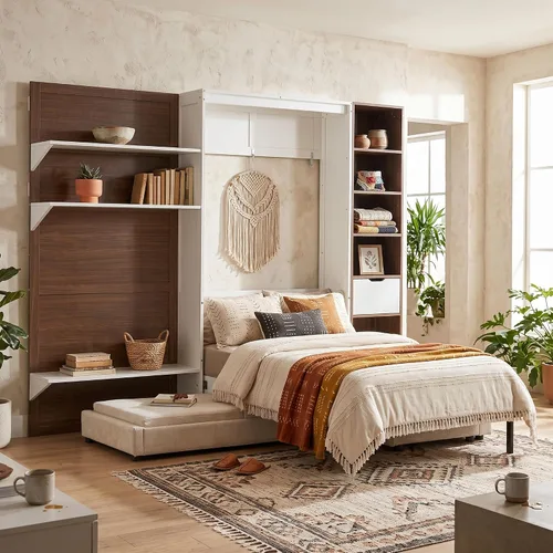 Vista 21 de Cama Murphy de Pared Tamaño Queen con Escritorio en Forma de L, Sofá de 2 Asientos y Luz, Marco de Cama Murphy Tradicional de Madera Maciza