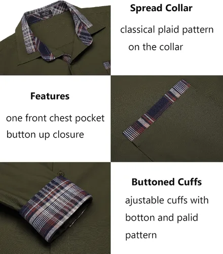 Vista 5 de COOFANDY - Camisa de vestir de algodón con mangas largas, botones y cuello a cuadros, de estilo casual, para hombres