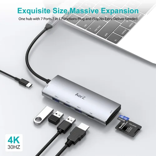 Vista 2 de Hub USB C, concentrador USB a HDMI multipuerto Aorz USB C adaptador 7 en 1 con salida HDMI 4K, 3 puertos USB 3.0, lector de tarjetas SD/Micro SD