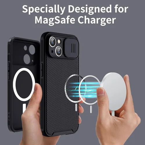 Vista 2 de Funda magnética para iPhone 13, funda protectora de cámara para iPhone 13 [compatible con carga MagSafe] con cubierta deslizante para lente, funda