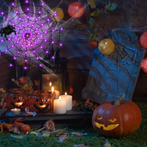 Vista 8 de Luces de telaraña de Halloween Decrations, 70 luces LED de telaraña para decoración de Halloween en interiores y exteriores, impermeables, luces LED