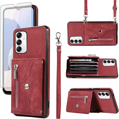 Vista 9 de Funda para teléfono Samsung Galaxy A14/M14 5G con protector de pantalla de vidrio templado y correa cruzada para la muñeca, cordón para el hombro