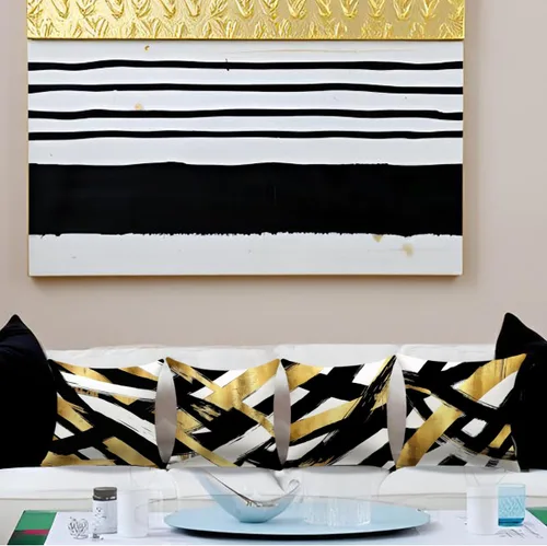 Vista 6 de Juego de 4 fundas de almohada negras y doradas, fundas de almohada de 18 x 18 pulgadas, almohadas geométricas abstractas a rayas para decoración