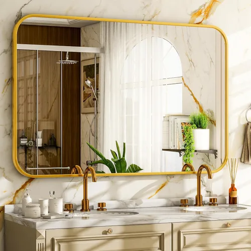 Vista 9 de Espejo de baño negro de 30"x22" - Espejo moderno para pared con esquinas redondeadas, espejos de baño para tocador, espejo enmarcado de aleación