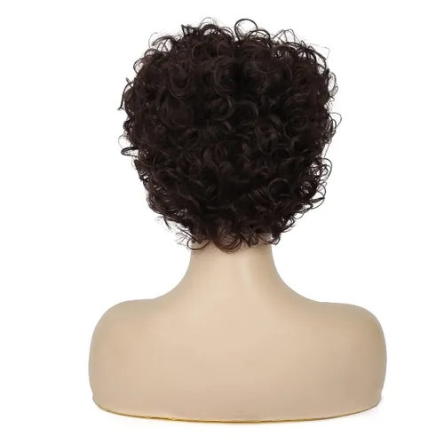 Vista 5 de Pelucas cortas y rizadas marrones para mujer, aspecto natural, peluca de pelo sintético marrón para cosplay