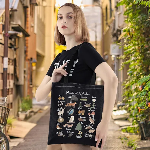 Vista 2 de LEVLO Bolsa de lona con diseño de alfabeto de animales - Bolsa de comestibles con temática de bosque A-Z