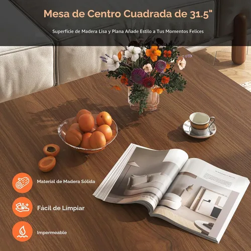 Vista 4 de [Usado] knoworld Mesa auxiliar cuadrada, mesa de centro de madera con almacenamiento y casa para gatos, mesa de cóctel marrón rústica para sala