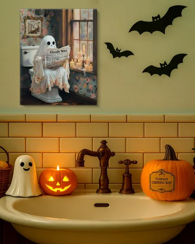 Vista 3 de QPVXSST Arte de Pared Interesante de Fantasma de Halloween para Baño, Póster Impreso en Lienzo de Estilo Gótico, Decoración de Baño con Diseño
