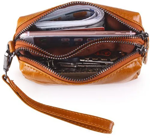 Vista 2 de BOSHIHO Piel Auténtica Wristlets garras teléfono celular bolsa cartera con cierre doble Marrón