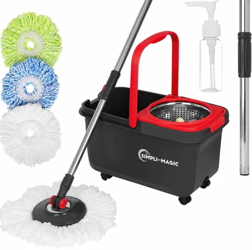 Vista 8 de SIMPLI-MAGIC Trapeador giratorio de 360° y cubo con escurridor - 3 cabezales lavables de microfibra de alta absorción, dispensador de jabón - Juego