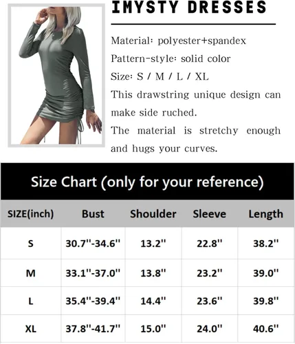 Vista 5 de Imysty - Vestido corto de fiesta para mujer con cordón fruncido, elástico, acanalado, manga larga y estilo casual para fiesta