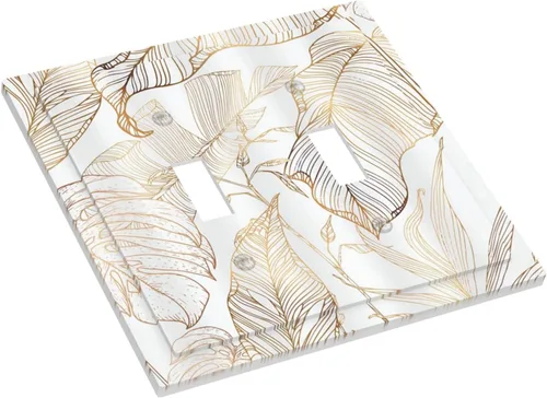 Vista 3 de Placa de pared decorativa con hojas de palmera tropicales de oro blanco, hoja de plátano, doble interruptor de luz de palanca decorativa, placa