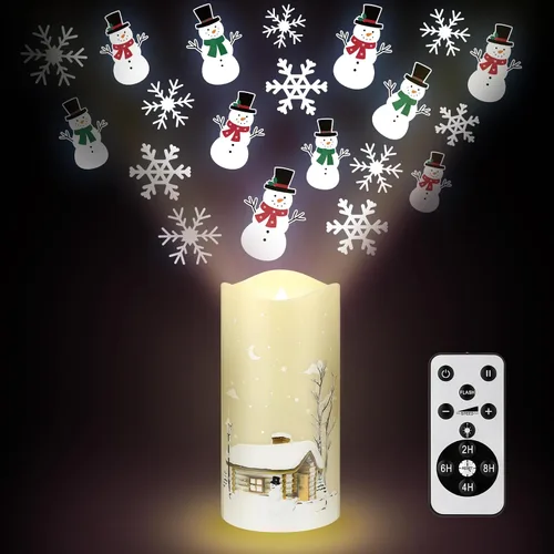 Vista 9 de Baquler Proyector de velas sin llama de Navidad, proyector de dulces para interiores, vela LED para vacaciones, funciona con pilas, luz nocturna