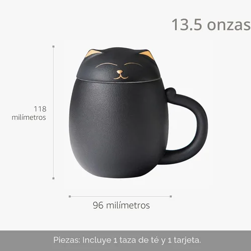 Vista 3 de HEER Taza de té para gatos con infusor y tapa, taza de té de cerámica de 13.5 onzas, regalo para amantes de los gatos para amigos y familia (negro)