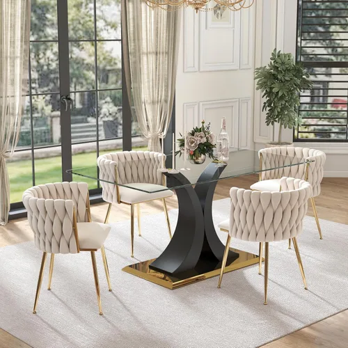 Vista 45 de Juego de comedor moderno de vidrio de lujo de 5 piezas, juego de cena rectangular minimalista grande para 4, juego de mesa de cocina de vidrio