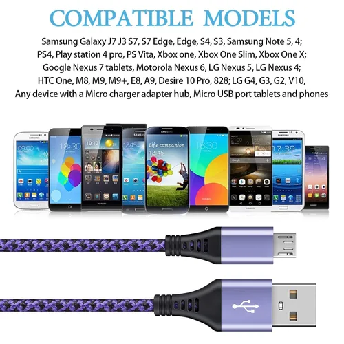 Vista 7 de Cable Micro USB, [4 unidades/3 pies] Cable de carga USB para Android macho a micro B, cable de datos de alta velocidad de carga Nylon trenzado