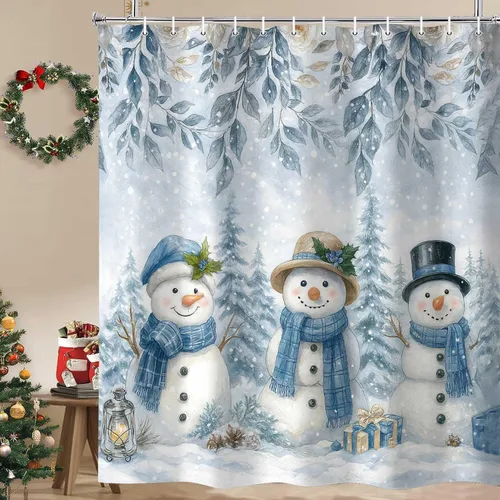 Vista 8 de Cortina de ducha de granja de Navidad para baño, decoración del hogar de árbol de Navidad de invierno, cortinas de baño de madera de puerta