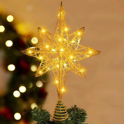 Vista 10 de DULEFUN Estrella LED de 11.8 Pulgadas para la Punta del Árbol - Adorno de Metal Dorado con 20 Luces para Decoración de Árbol de Navidad y Decoración